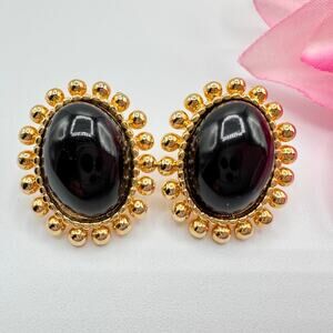 Vintage Erwin Pearl P.E.P. Signed Black Oval Cabochon Gold Tone Sputnik Earrings